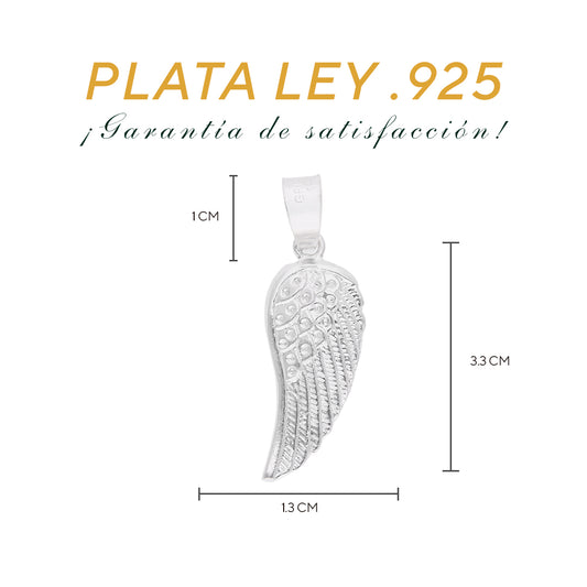 Medidas del dije ala de ángel: 3.3 cm alto × 1.3 cm ancho, argolla 1 cm – Plata Ley .925
