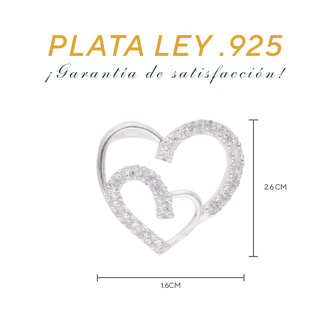Medidas del dije doble corazón: 2.6 cm alto × 1.6 cm ancho, deslizante – Plata Ley .925
