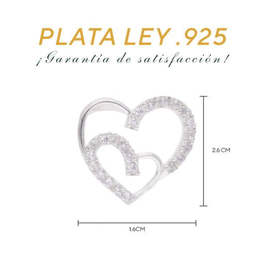 Medidas del dije doble corazón: 2.6 cm alto × 1.6 cm ancho, deslizante – Plata Ley .925