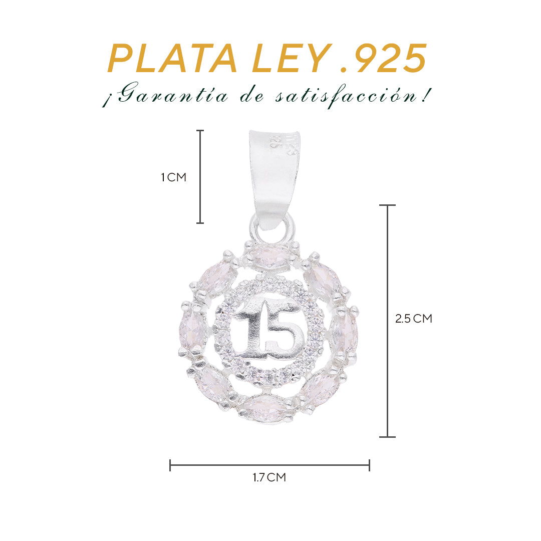 Dije XV Años con Corona de Zircones Marquesa — Plata .925 pendiente