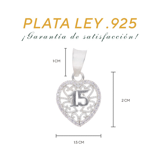 Medidas del dije XV años: 2 cm alto × 1.5 cm ancho, argolla 1 cm – Plata Ley .925