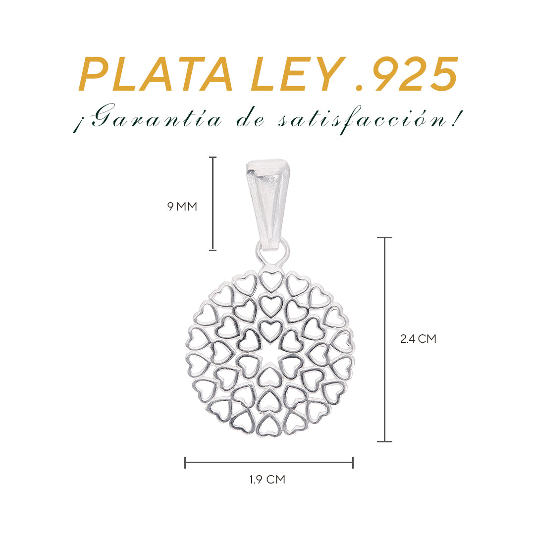 Medidas del dije medallón corazones: 2.4 cm alto × 1.9 cm ancho, argolla 9 mm – Plata Ley .925