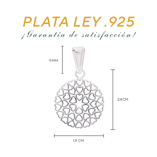 Medidas del dije medallón corazones: 2.4 cm alto × 1.9 cm ancho, argolla 9 mm – Plata Ley .925