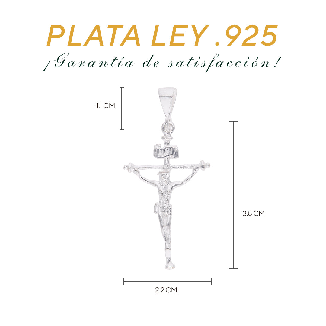 Medidas del crucifijo INRI: 3.8 cm alto × 2.2 cm ancho, argolla 1.1 cm – Plata Ley .925