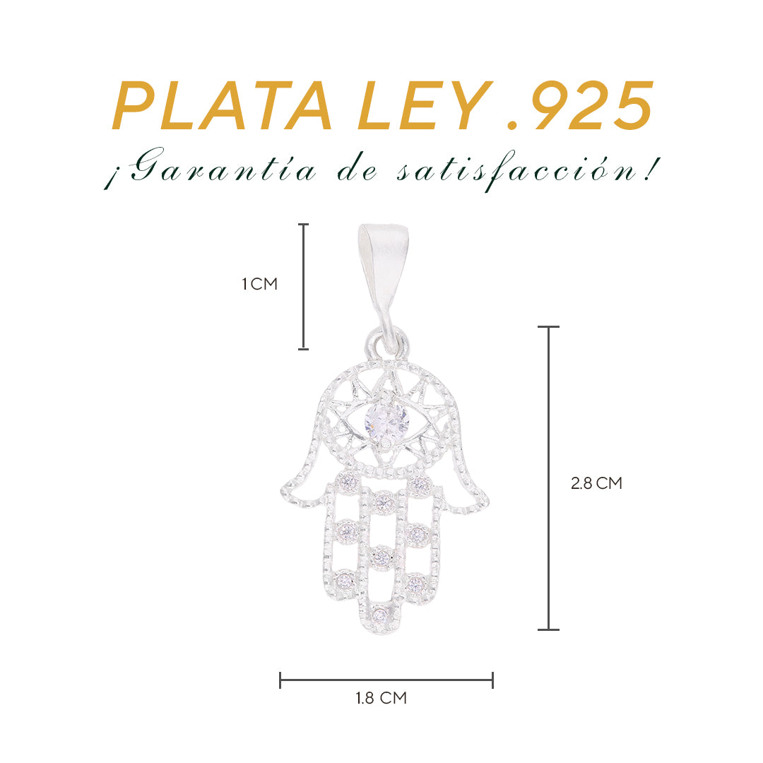 Medidas del dije Hamsa: 2.8 cm alto × 1.8 cm ancho, argolla 1 cm – Plata Ley .925