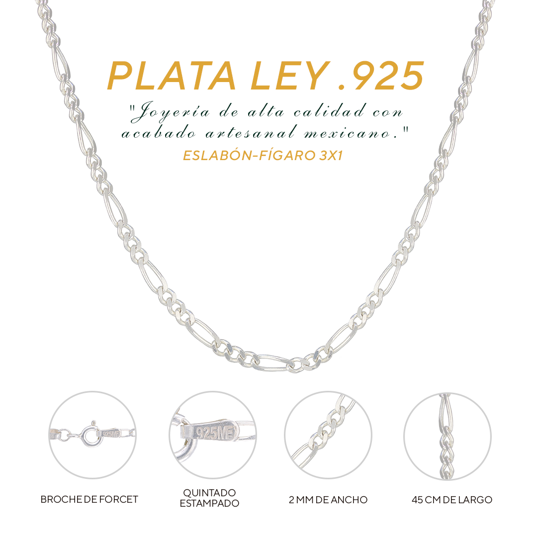 Set de Dije y Cadena de Plata Ley .925 - Virgen de Guadalupe y Sagrado corazón de Jesús  con Cadena Fígaro (COM.G-03)