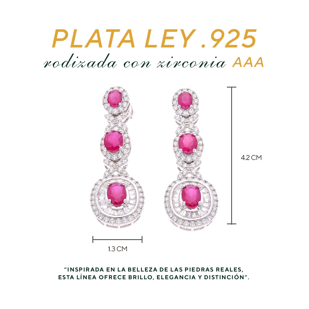 Aretes Plata Ley 925 con Rodio y Zirconia AAA Color Rojo Rubí y Blanco Ovalado