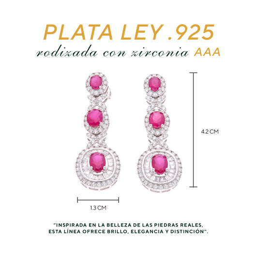 Aretes Plata Ley 925 con Rodio y Zirconia AAA Color Rojo Rubí y Blanco Ovalado