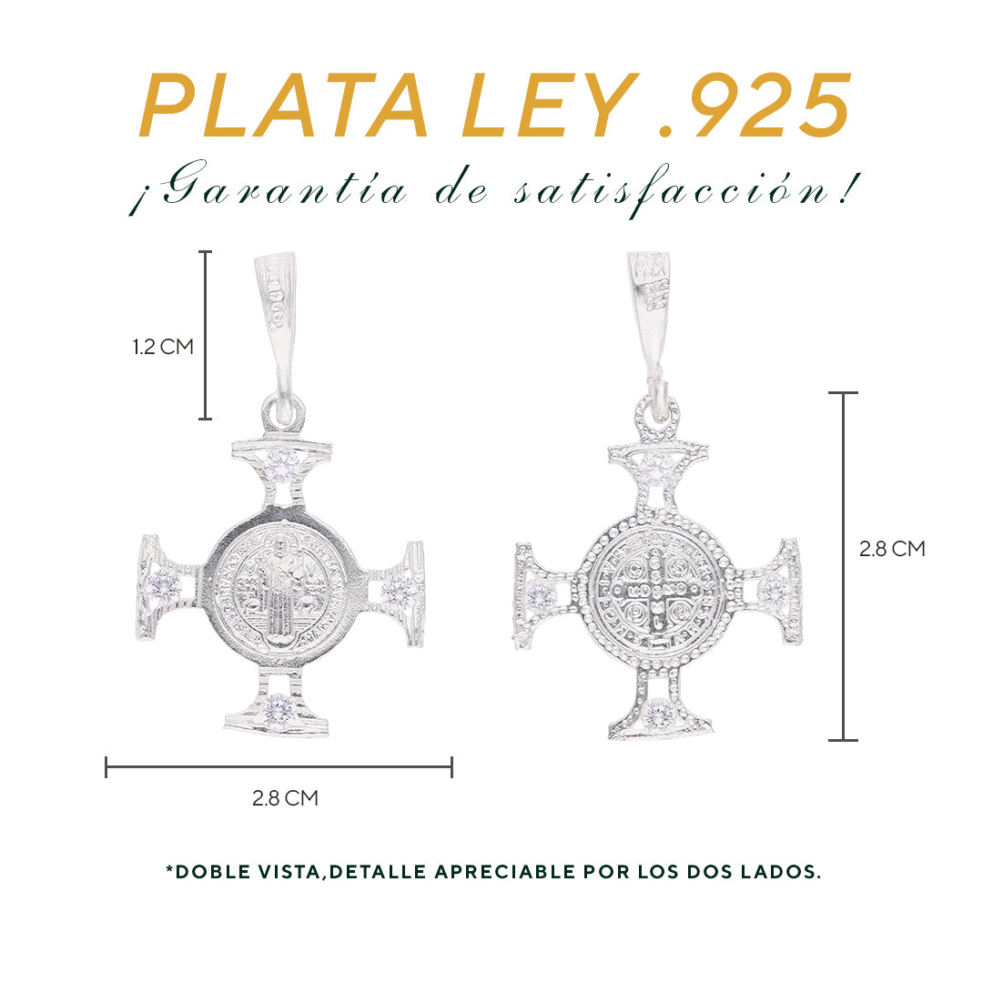 Medidas de la Cruz San Benito: 2.8 cm alto × 2.8 cm ancho, argolla 1.2 cm – Plata Ley .925 doble vista