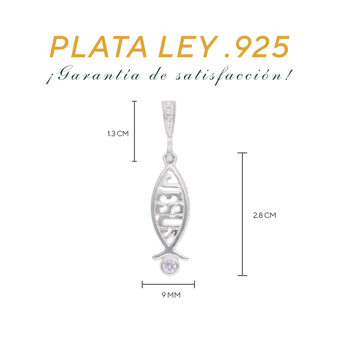 Dije Pez Ichthys “JESÚS” Calado con Zircón — Plata .925
