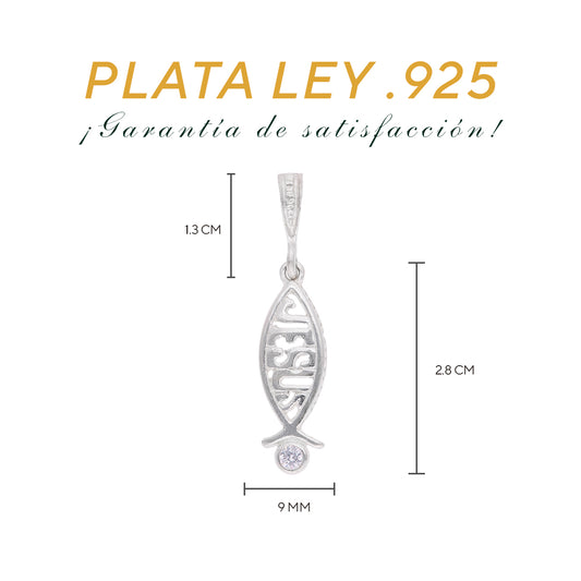 Dije Pez Ichthys “JESÚS” Calado con Zircón — Plata .925
