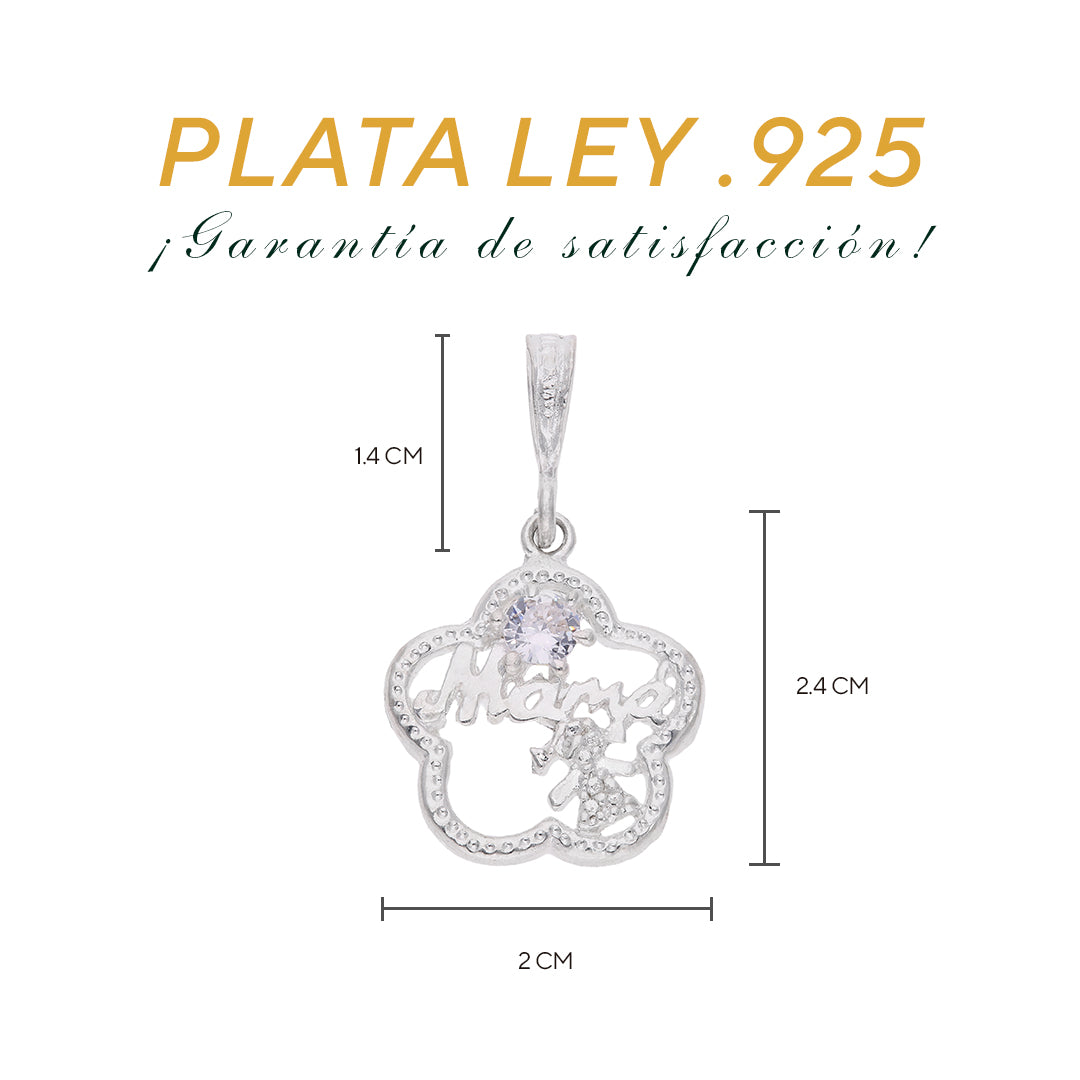 Dije “Mamá” Flor Calada con Zircón — Plata .925