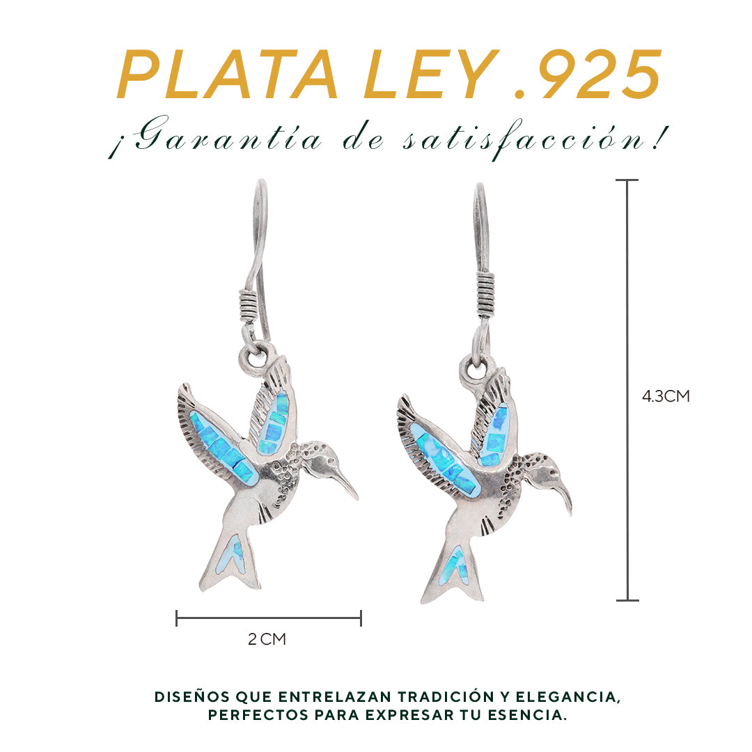 Medidas de los aretes colibrí: 4.3 cm largo × 2.0 cm ancho — Plata Ley .925