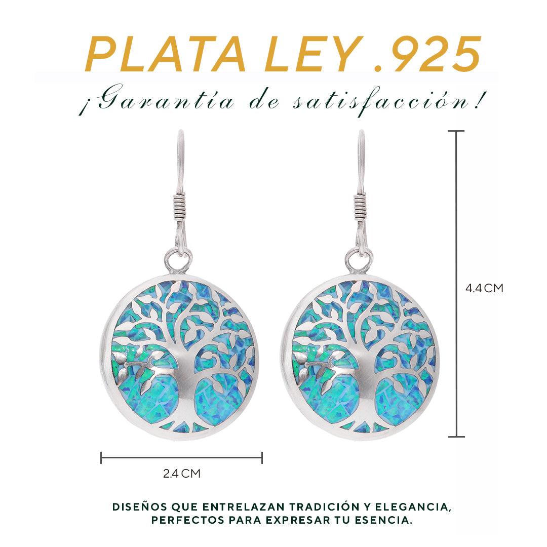 Aretes Árbol de la Vida con ópalo azul en plata .925 — medidas: 4.4 cm largo × 2.4 cm ancho