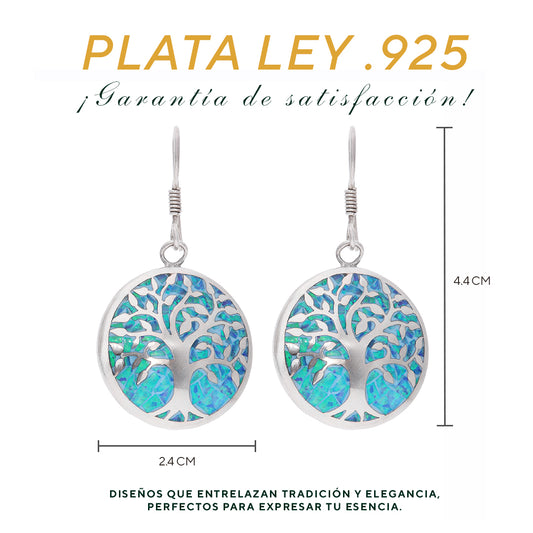 Aretes Árbol de la Vida con ópalo azul en plata .925 — medidas: 4.4 cm largo × 2.4 cm ancho
