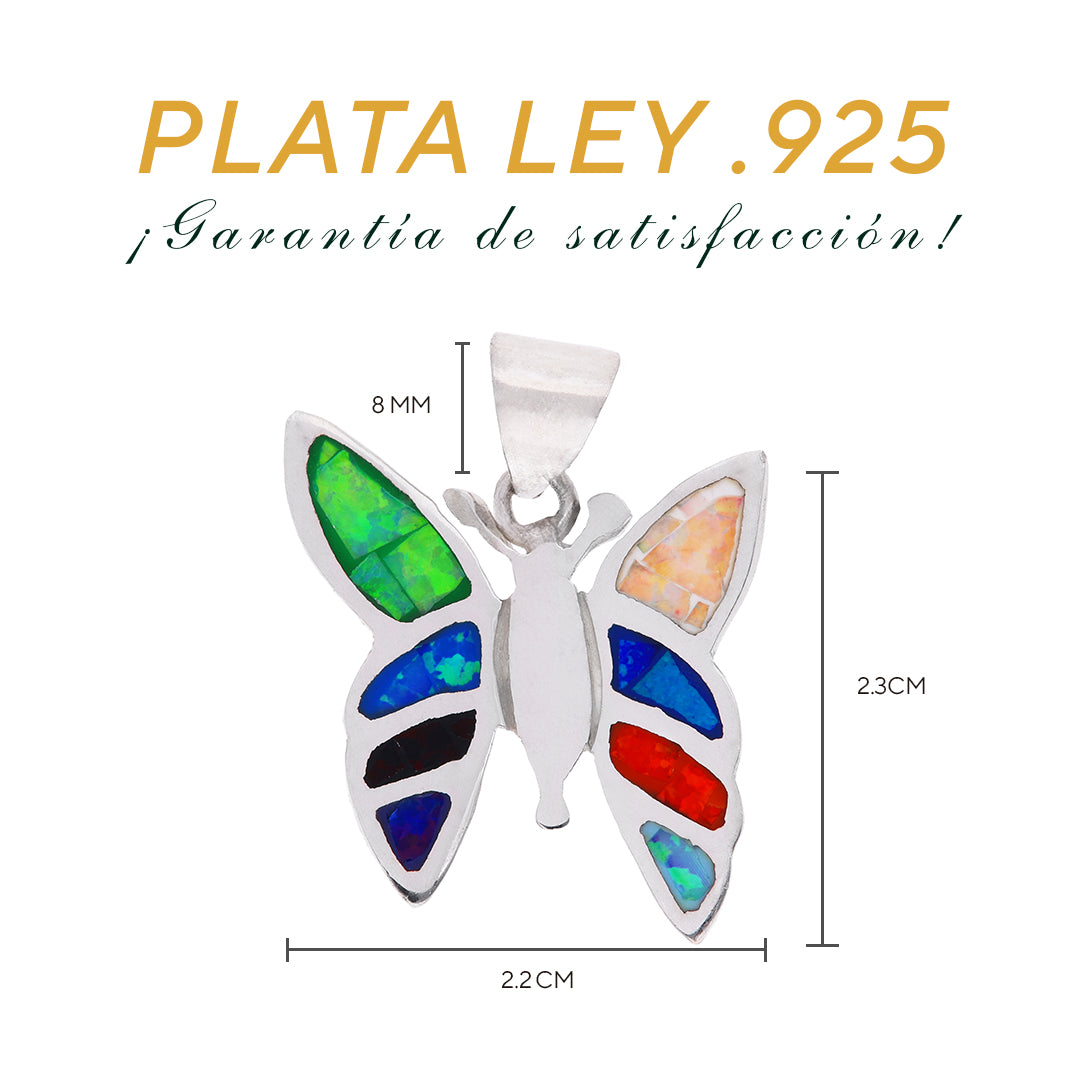 Medidas del dije mariposa: 2.3 cm alto × 2.2 cm ancho, bailén 8 mm — Plata Ley .925