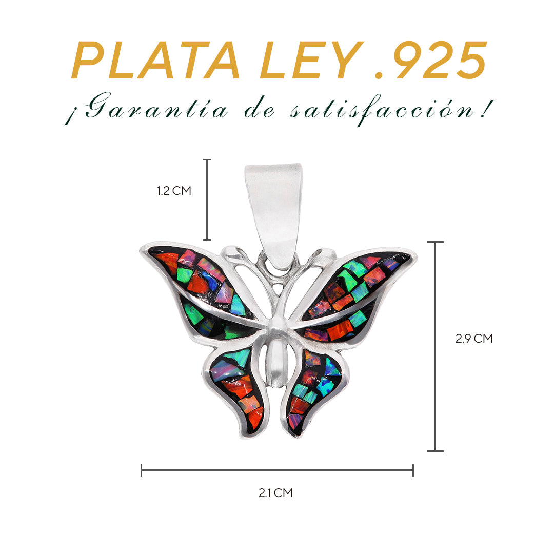 Medidas del dije mariposa: 2.9 cm alto × 2.1 cm ancho, bailén 1.2 cm — Plata Ley .925