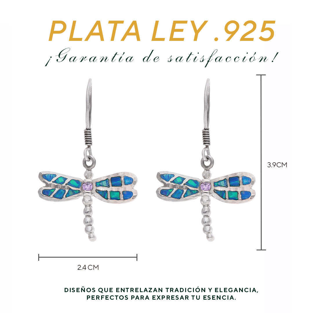 Aretes Libélula con Ópalo Azul y Zirconia Lila — Plata Esterlina .925