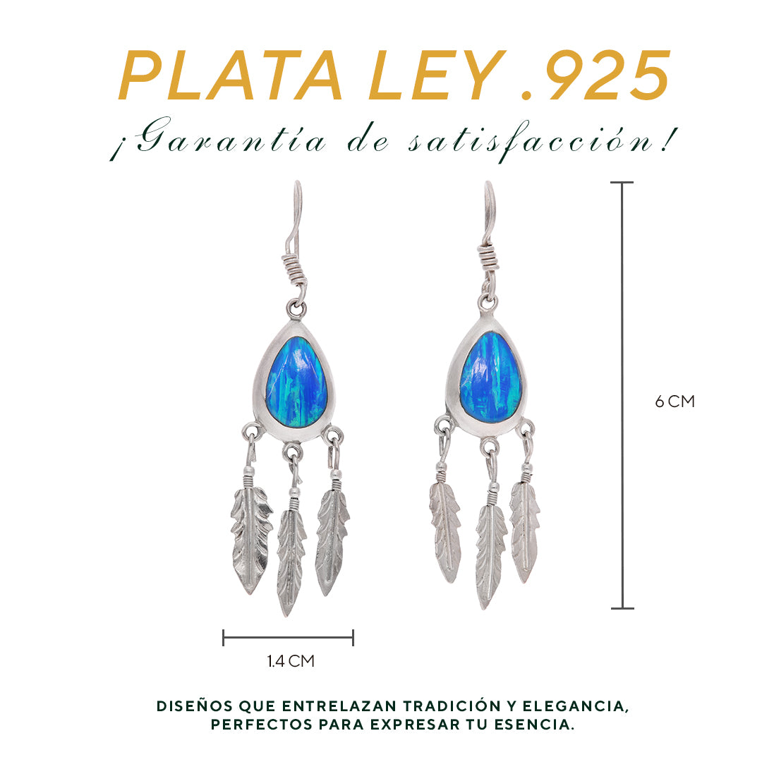 Aretes Gota de Ópalo Azul con Plumas — Plata Esterlina .925