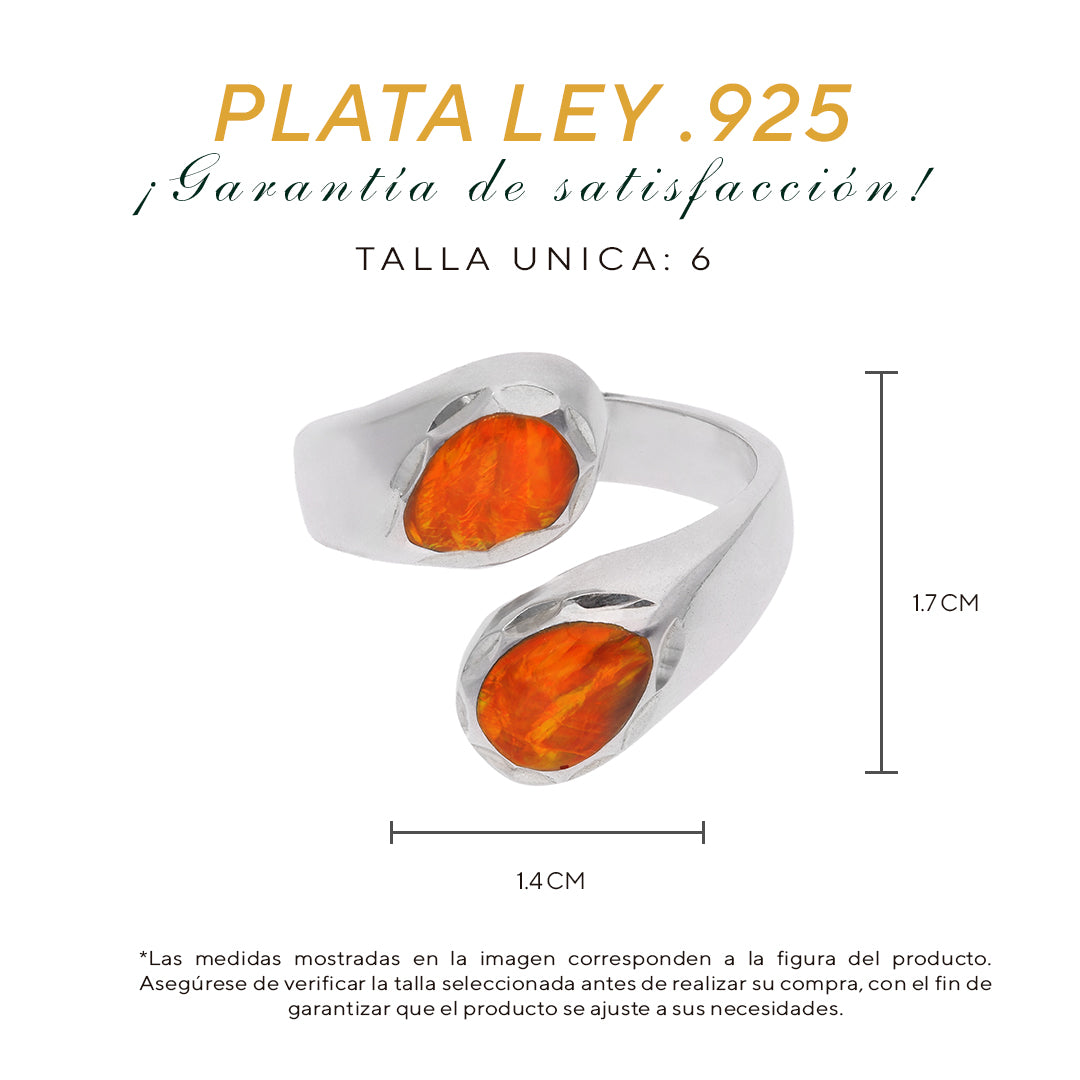 Medidas del anillo bypass doble ópalo de fuego: 1.7 cm alto × 1.4 cm ancho, talla 6 — Plata Ley .925