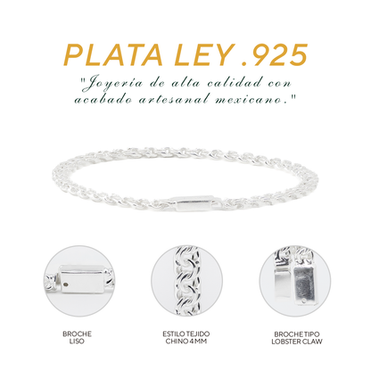 Pulso de Plata Ley .925 - Estilo Tejido Chino (4mm)