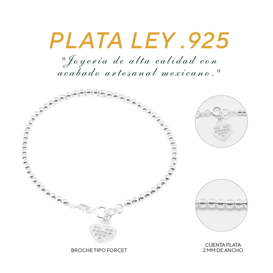 Pulso de Plata Ley .925 - Cuenta Plata con Dije de Corazón (2mm - 14.5cm)