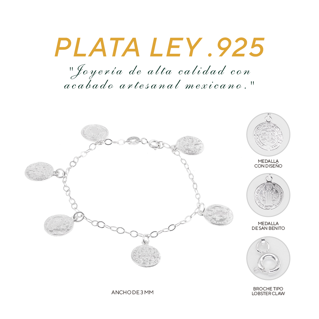Pulso de Plata .925 - Medallas de San Benito (3mm - 17cm)