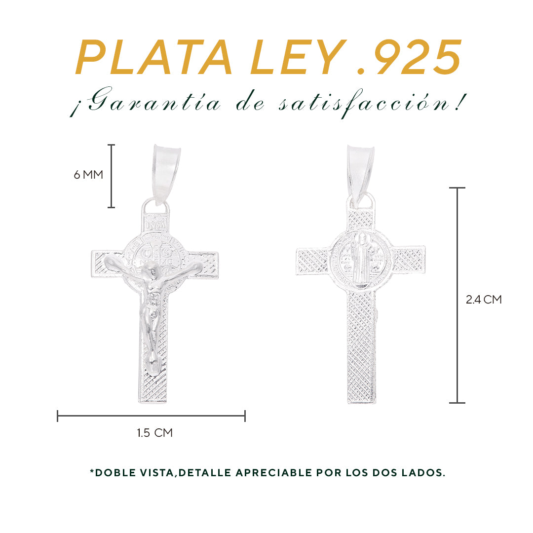 Medidas del crucifijo San Benito: 2.4 cm alto × 1.5 cm ancho, argolla 6 mm – Plata Ley .925 doble vista