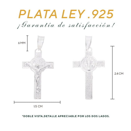 Medidas del crucifijo San Benito: 2.4 cm alto × 1.5 cm ancho, argolla 6 mm – Plata Ley .925 doble vista