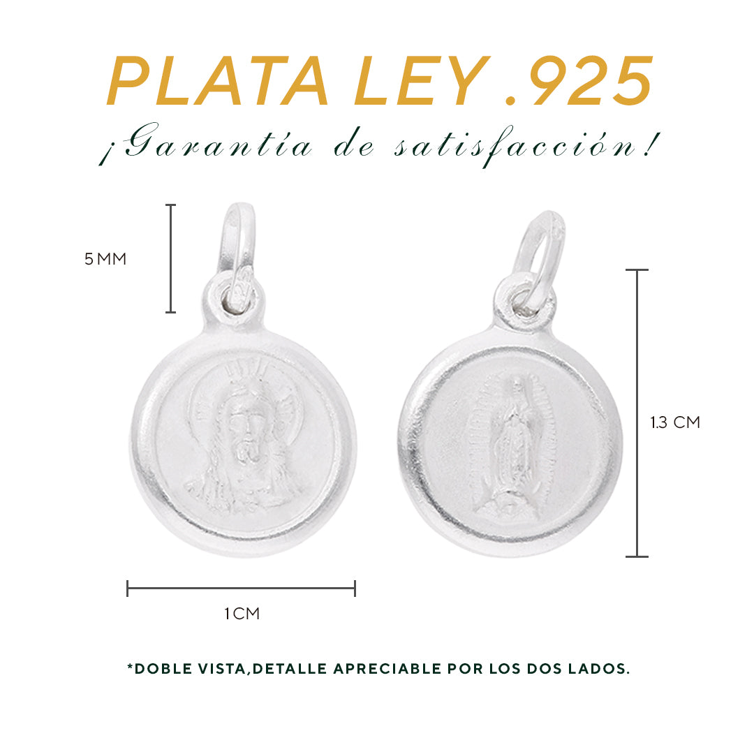 Medidas de la medalla: 1.3 cm alto × 1 cm ancho, argolla 5 mm – Plata Ley .925 doble vista