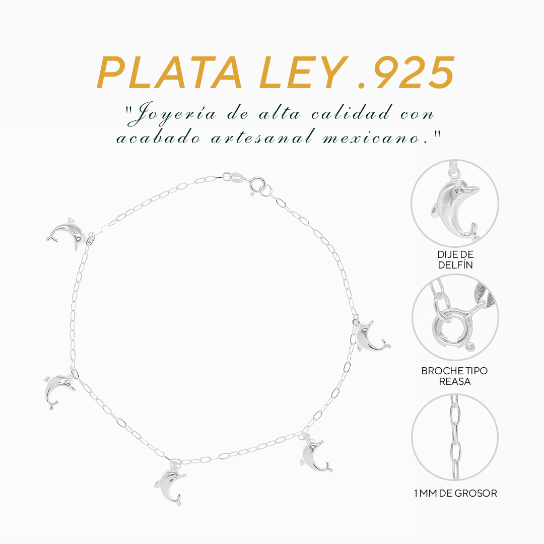 Tobillera de Plata .925 - Dijes de Delfín (1mm - 26cm)