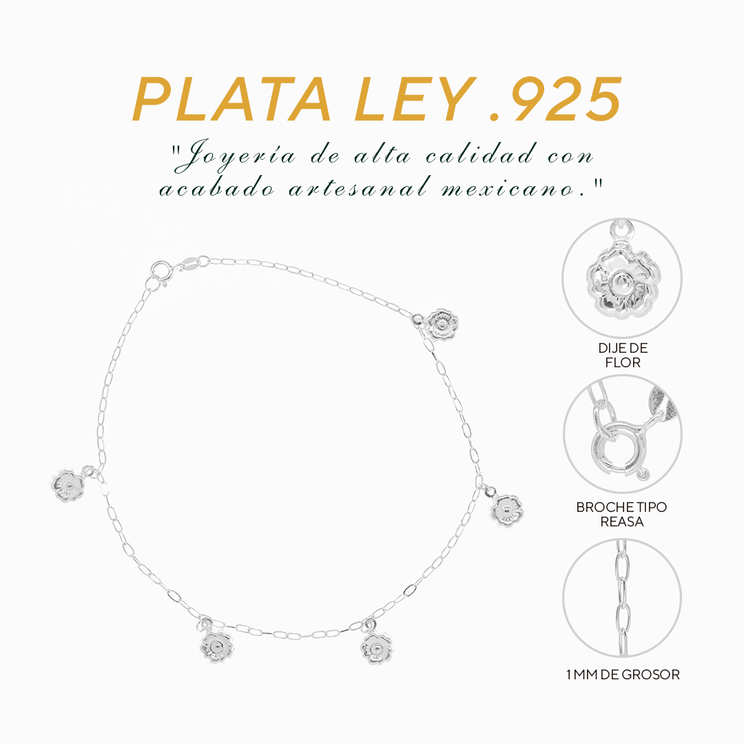 Tobillera de Plata .925 - Dijes de Flor (1mm - 26cm)