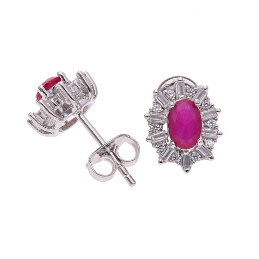 Broquel Plata Ley 925 con Rodio y Zirconia AAA Color Rojo Rubí y Blanco Ovalado