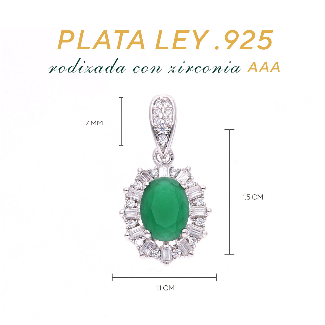 Dije Plata Ley 925 con Rodio y Zirconia AAA Color Verde Esmeralda y Blanco Ovalado