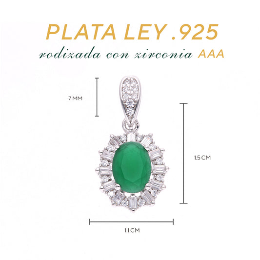 Dije Plata Ley 925 con Rodio y Zirconia AAA Color Verde Esmeralda y Blanco Ovalado