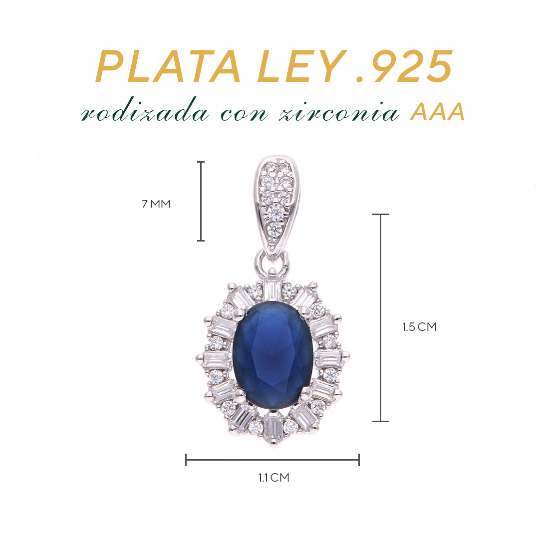 Dije Plata Ley 925 con Rodio y Zirconia AAA Color Azul Zafiro y Blanco Ovalado