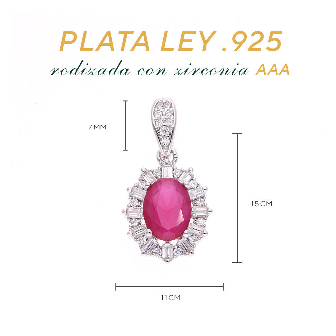 DIJE EN PLATA LEY .925, CON RODIO , ZIRCONIA AAA ROJO ZAFIRO Y BLANCO , OVALADO
