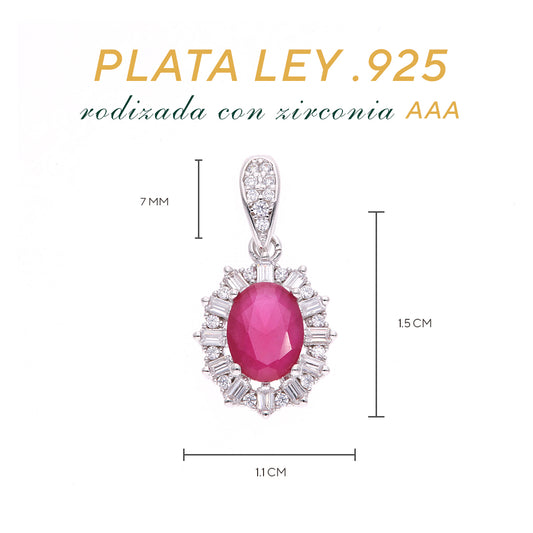 DIJE EN PLATA LEY .925, CON RODIO , ZIRCONIA AAA ROJO ZAFIRO Y BLANCO , OVALADO
