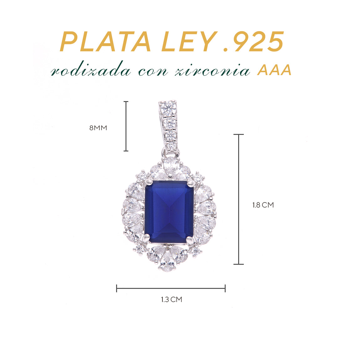 Dije Plata Ley 925 con Rodio y Zirconia AAA Color Azul Zafiro y Blanco