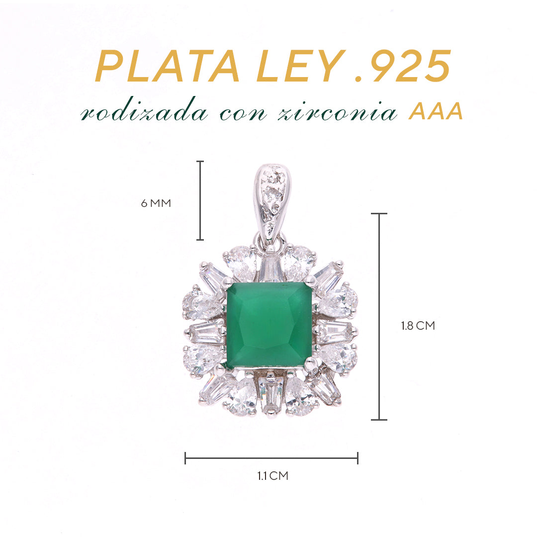 Dije Plata Ley 925 con Rodio y Zirconia AAA Color Verde Esmeralda y Blanco