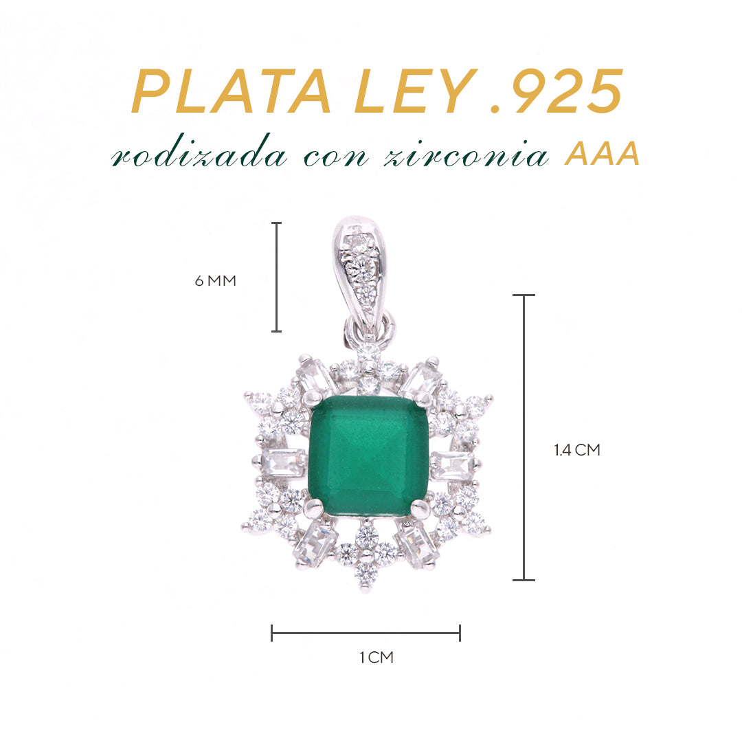 Dije Plata Ley 925 con Rodio y Zirconia AAA Color Verde Esmeralda y Blanco