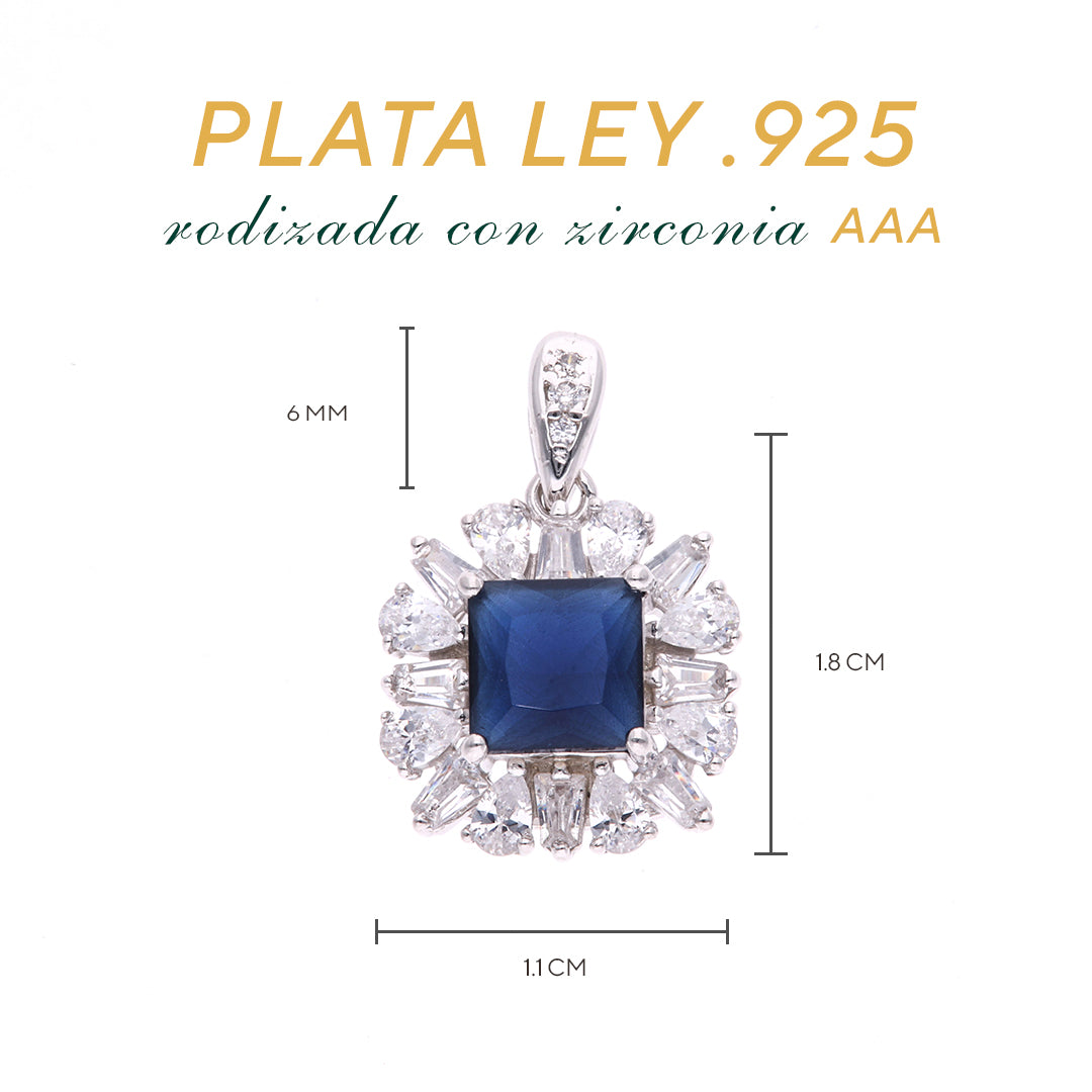 Dije Plata Ley 925 con Rodio y Zirconia AAA Color Azul Zafiro y Blanco