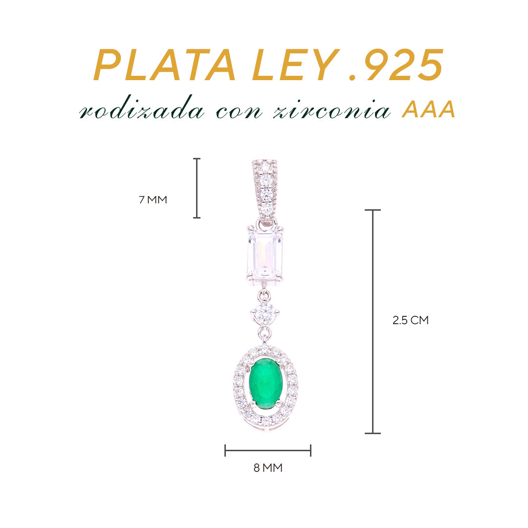 Dije Plata Ley 925 con Rodio y Zirconia AAA Color Verde Esmeralda y Blanco Ovalado