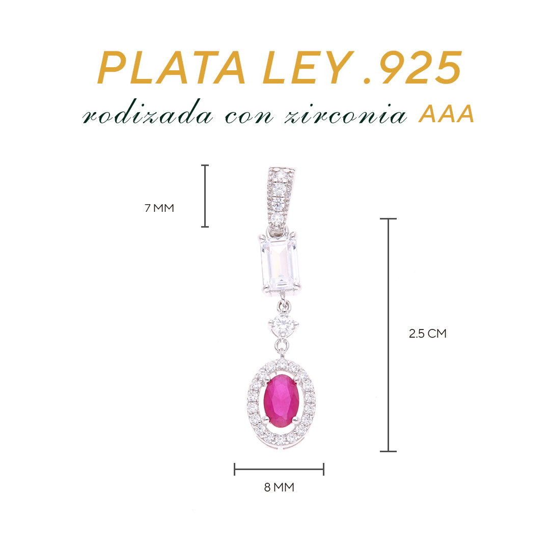 Dije Plata Ley 925 con Rodio y Zirconia AAA Color Rojo Rubí y Blanco Ovalado