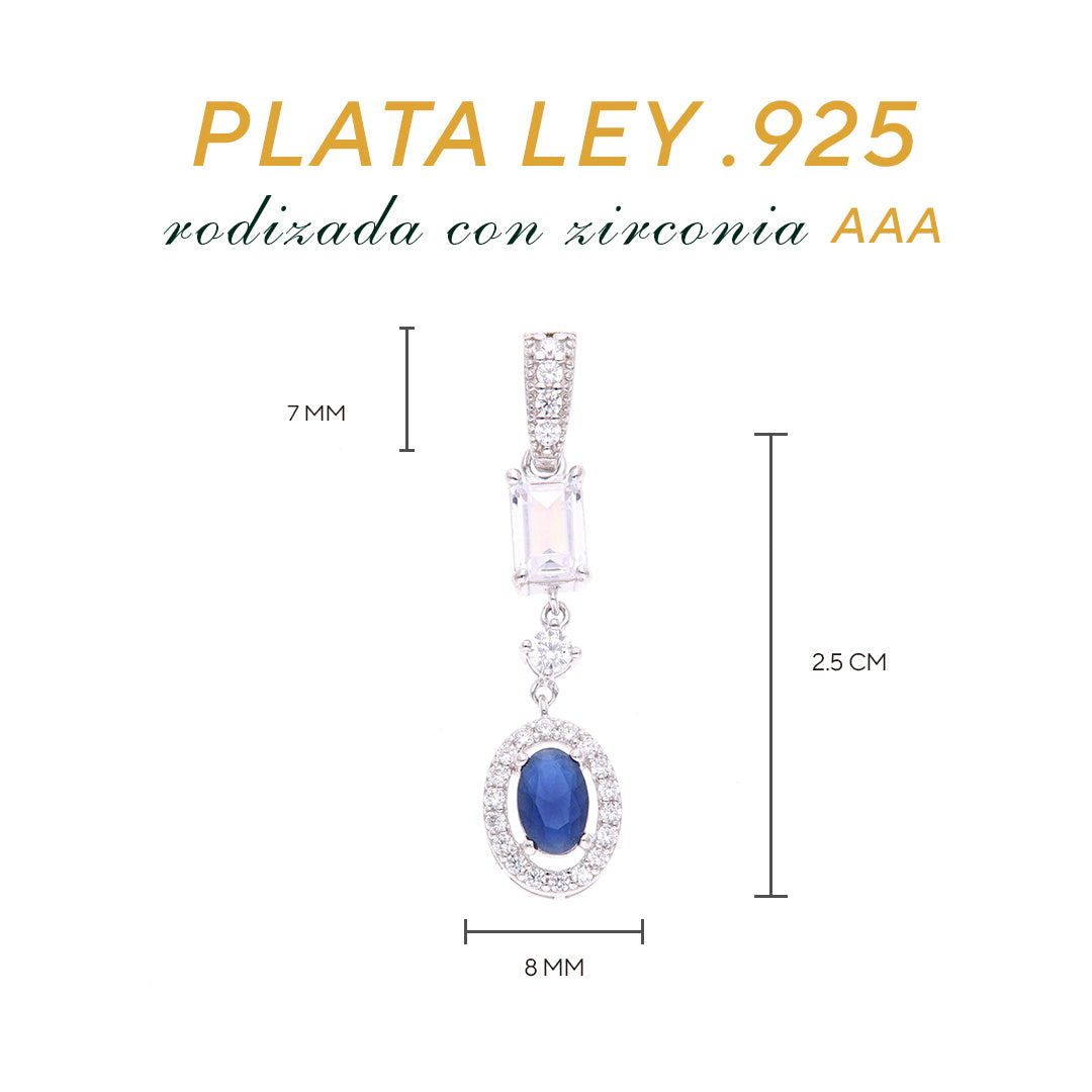 Dije Plata Ley 925 con Rodio y Zirconia AAA Color Azul Zafiro y Blanco Ovalado