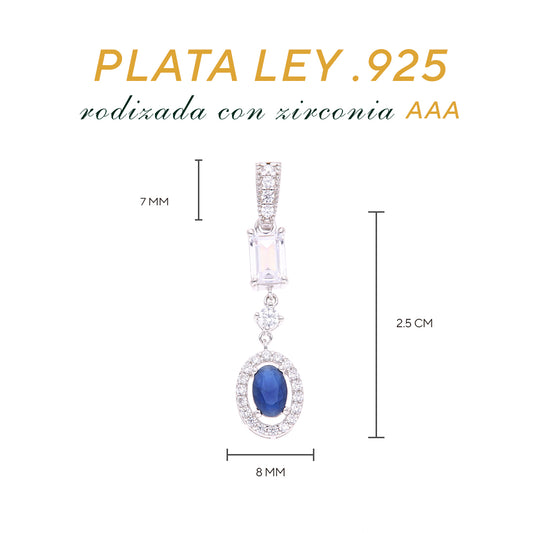 Dije Plata Ley 925 con Rodio y Zirconia AAA Color Azul Zafiro y Blanco Ovalado