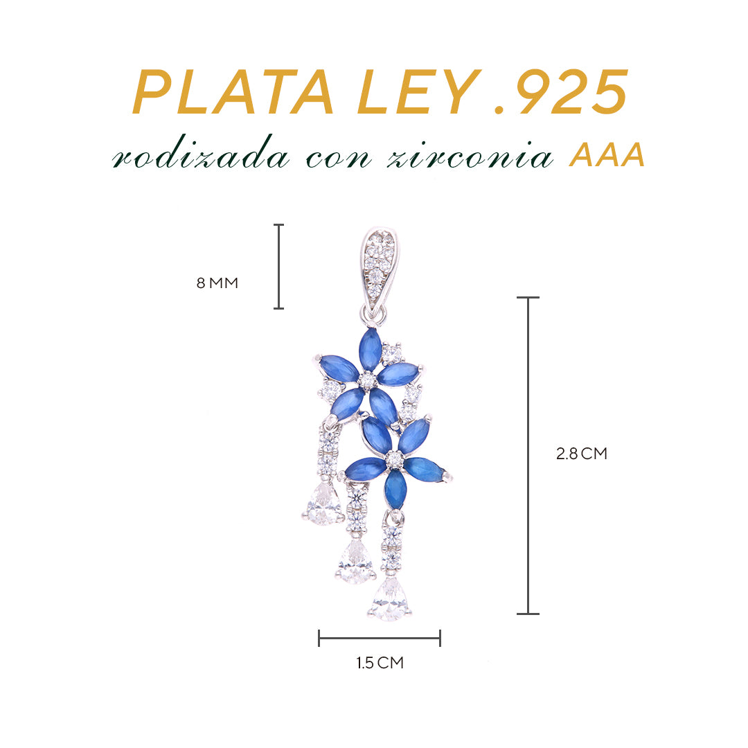 Dije Plata Ley 925 con Rodio y Zirconia AAA Color Azul Zafiro y Blanco en Forma de Dos Flores