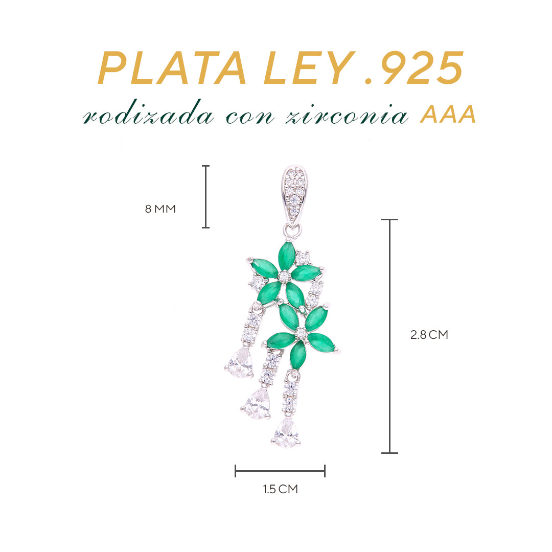 Dije Plata Ley 925 con Rodio y Zirconia AAA Color Verde Esmeralda y Blanco en Forma de Dos Flores