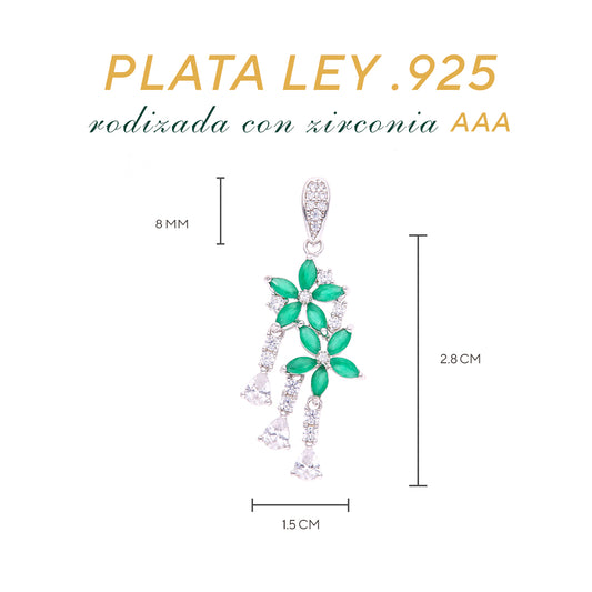 Dije Plata Ley 925 con Rodio y Zirconia AAA Color Verde Esmeralda y Blanco en Forma de Dos Flores