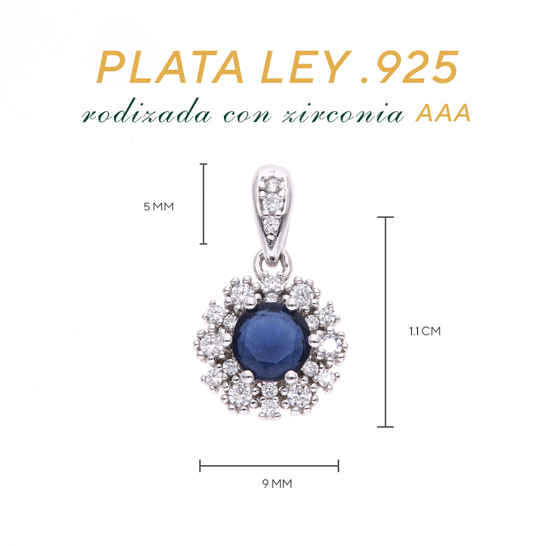Dije Plata Ley 925 con Rodio y Zirconia AAA Color Azul Zafiro y Blanco Redondo